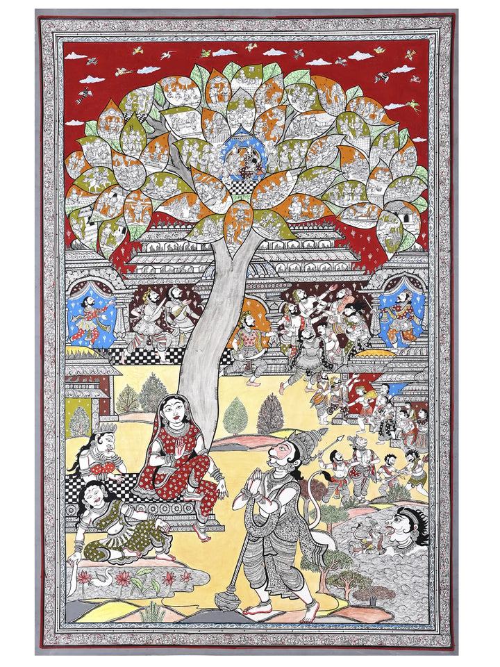 Lord Hanuman Meets Devi Maa Sita in Ashok Vatika Pattachitra Painting on Canvas · view 1
