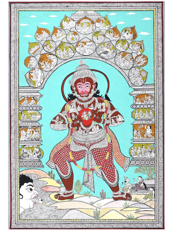 Standing Lord Hanuman with Episodes of Ramayana Pattachitra Painting on Canvas · view 1