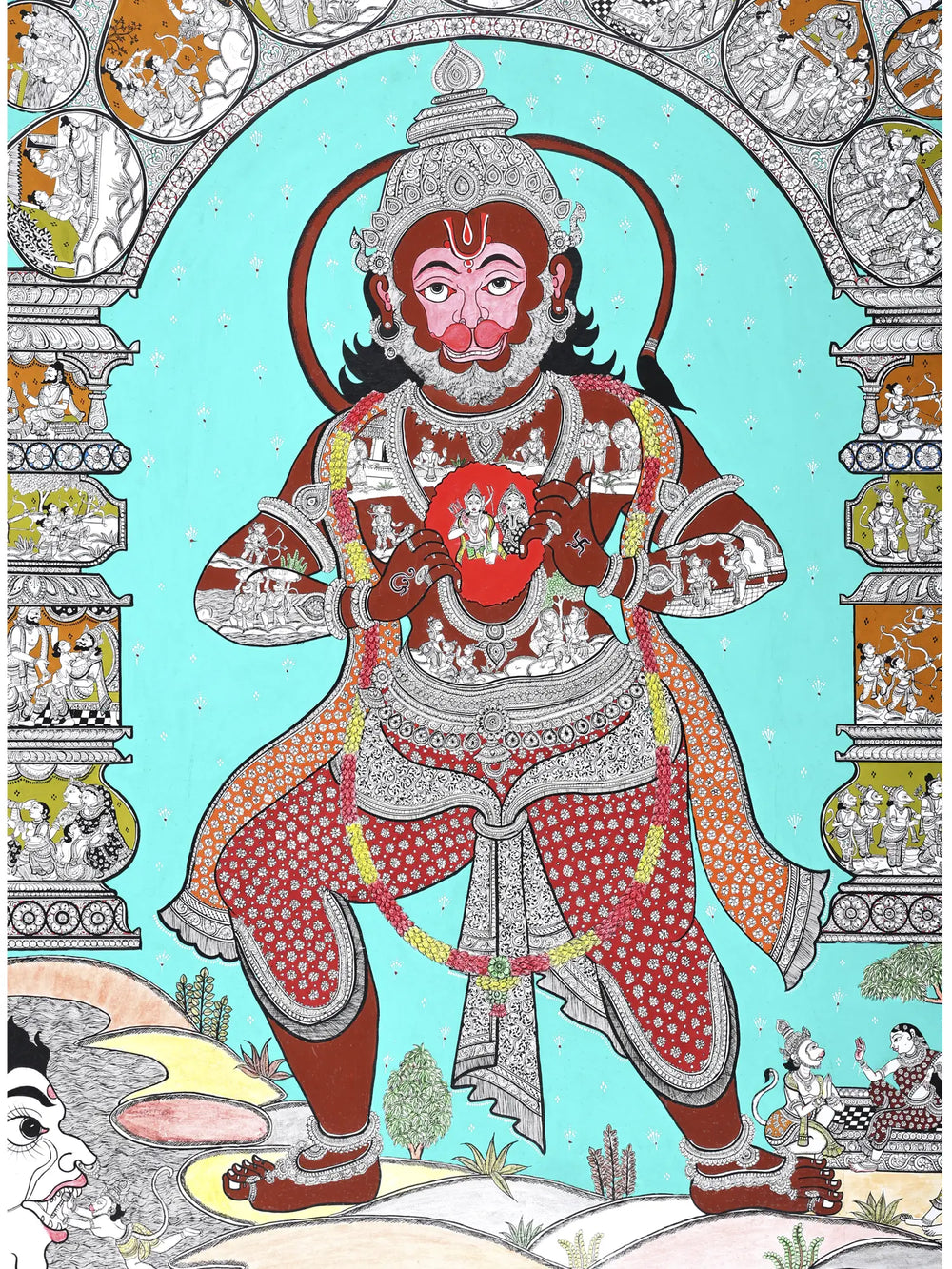 Standing Lord Hanuman with Episodes of Ramayana | Superfine Pattachitra Painting from Odisha