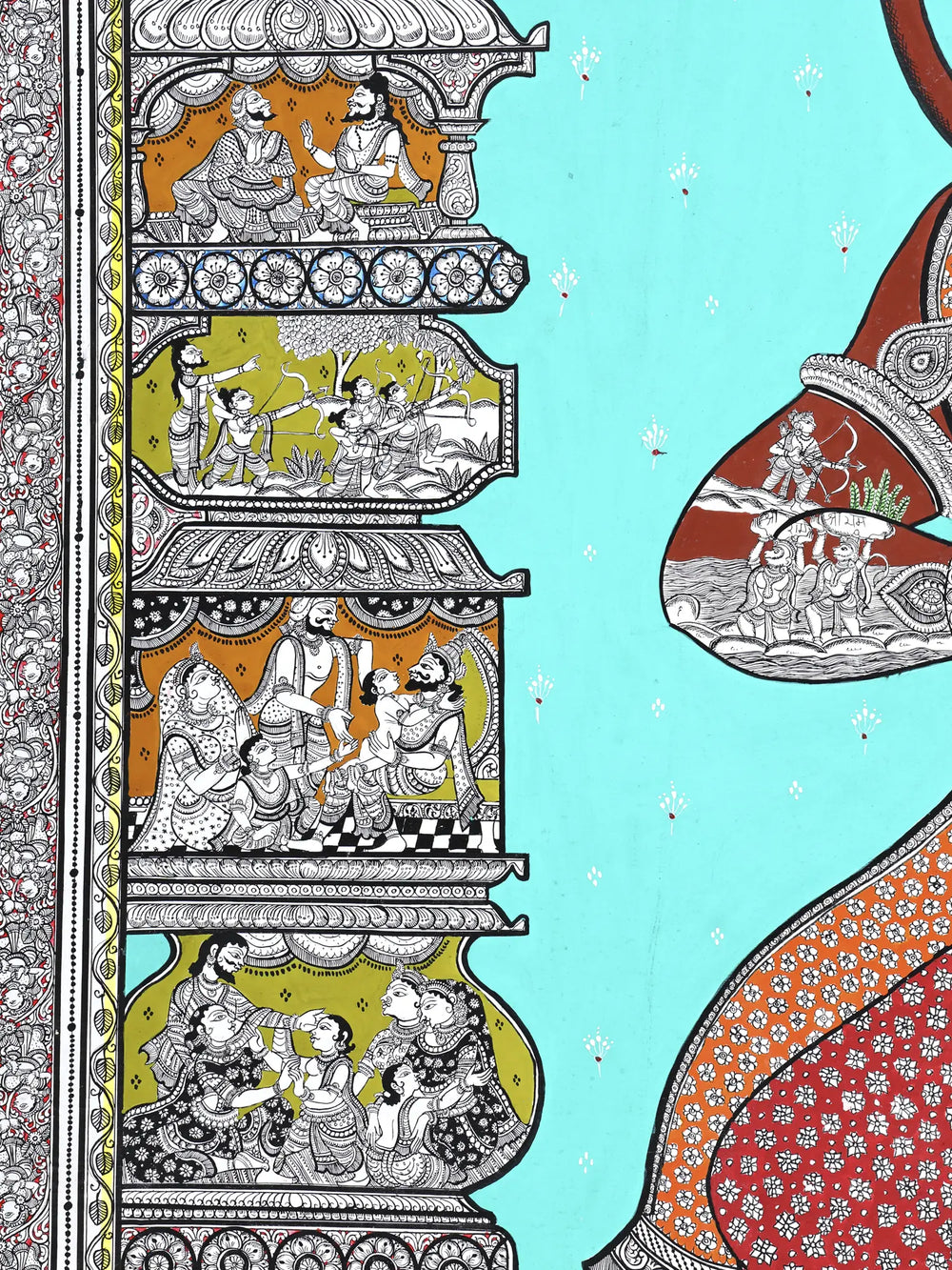 Standing Lord Hanuman with Episodes of Ramayana | Superfine Pattachitra Painting from Odisha
