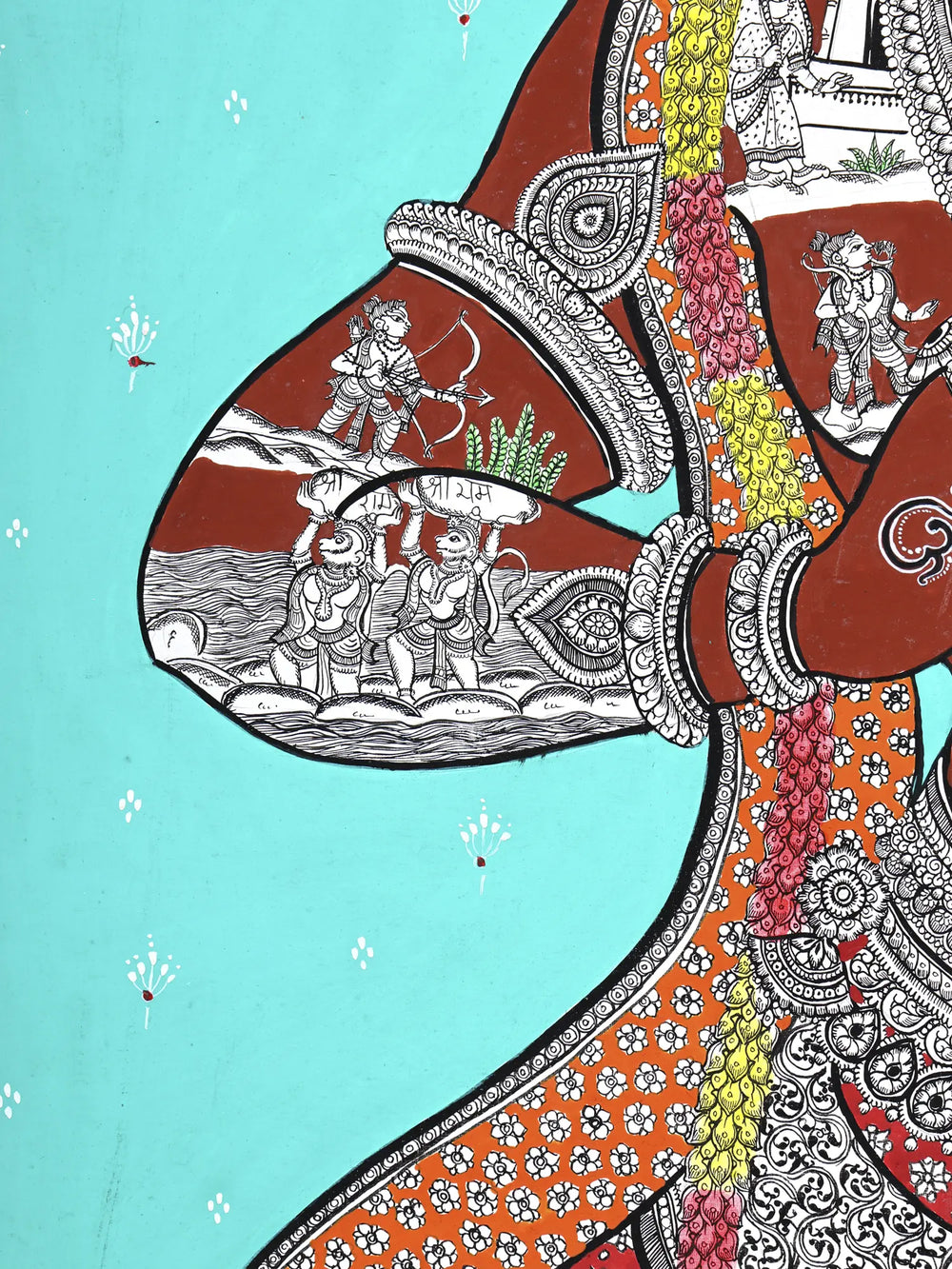 Standing Lord Hanuman with Episodes of Ramayana | Superfine Pattachitra Painting from Odisha