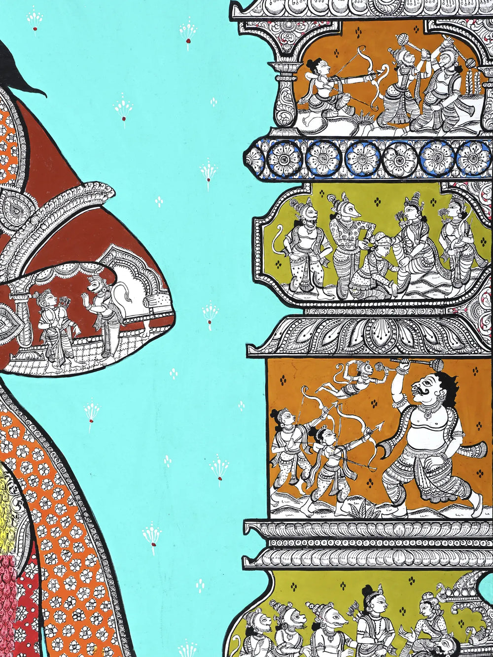 Standing Lord Hanuman with Episodes of Ramayana | Superfine Pattachitra Painting from Odisha