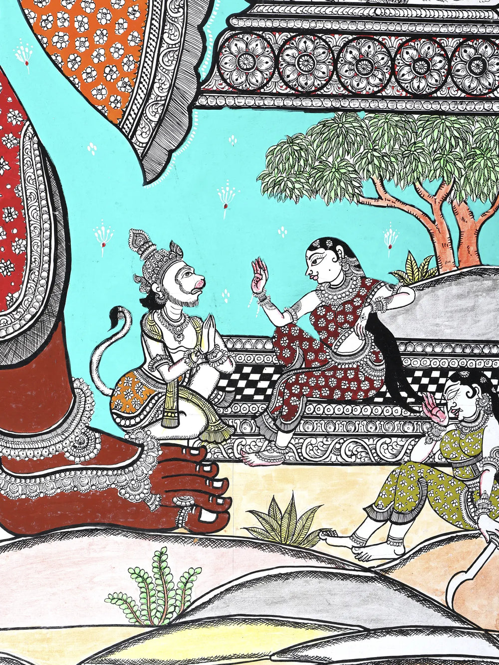 Standing Lord Hanuman with Episodes of Ramayana | Superfine Pattachitra Painting from Odisha
