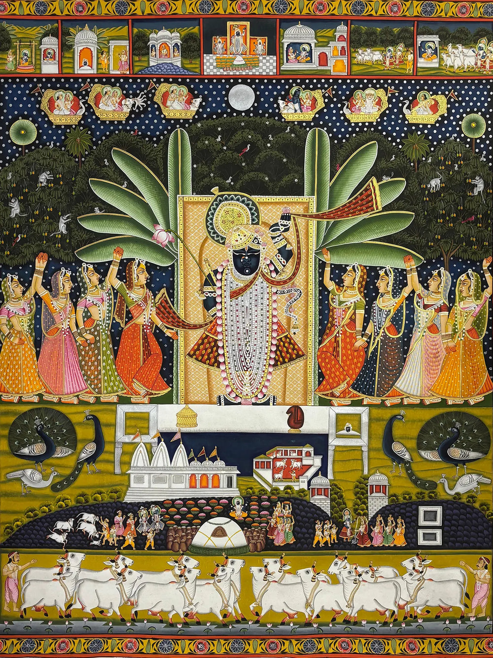 Lord Shrinathji With Gopis Pichwai Painting | Natural Color On Cloth | By Dheeraj Munot