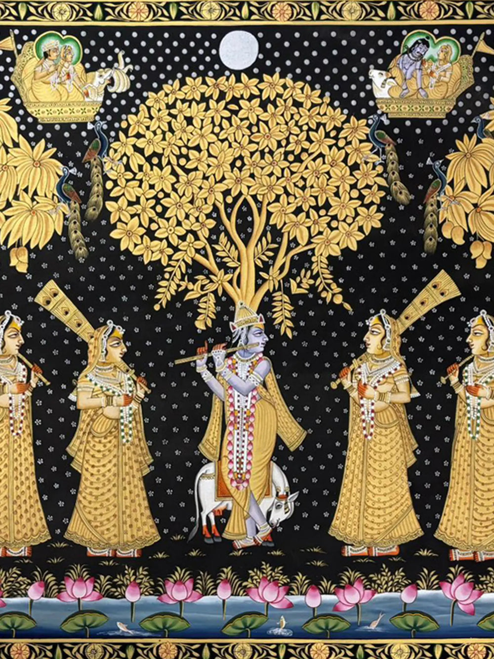 Lord Krishna Playing Flute With Gopi Pichwai Painting | Natural Color On Cloth | By Dheeraj Munot