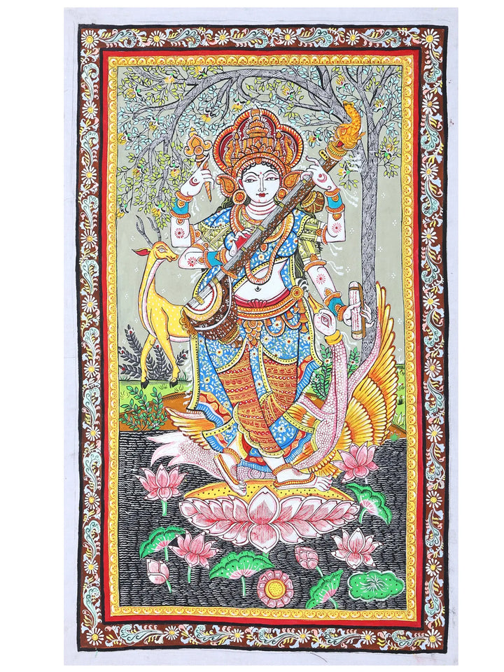 Goddess Saraswati Standing on Lotus and Playing Veena Pattachitra Painting on Canvas · view 1