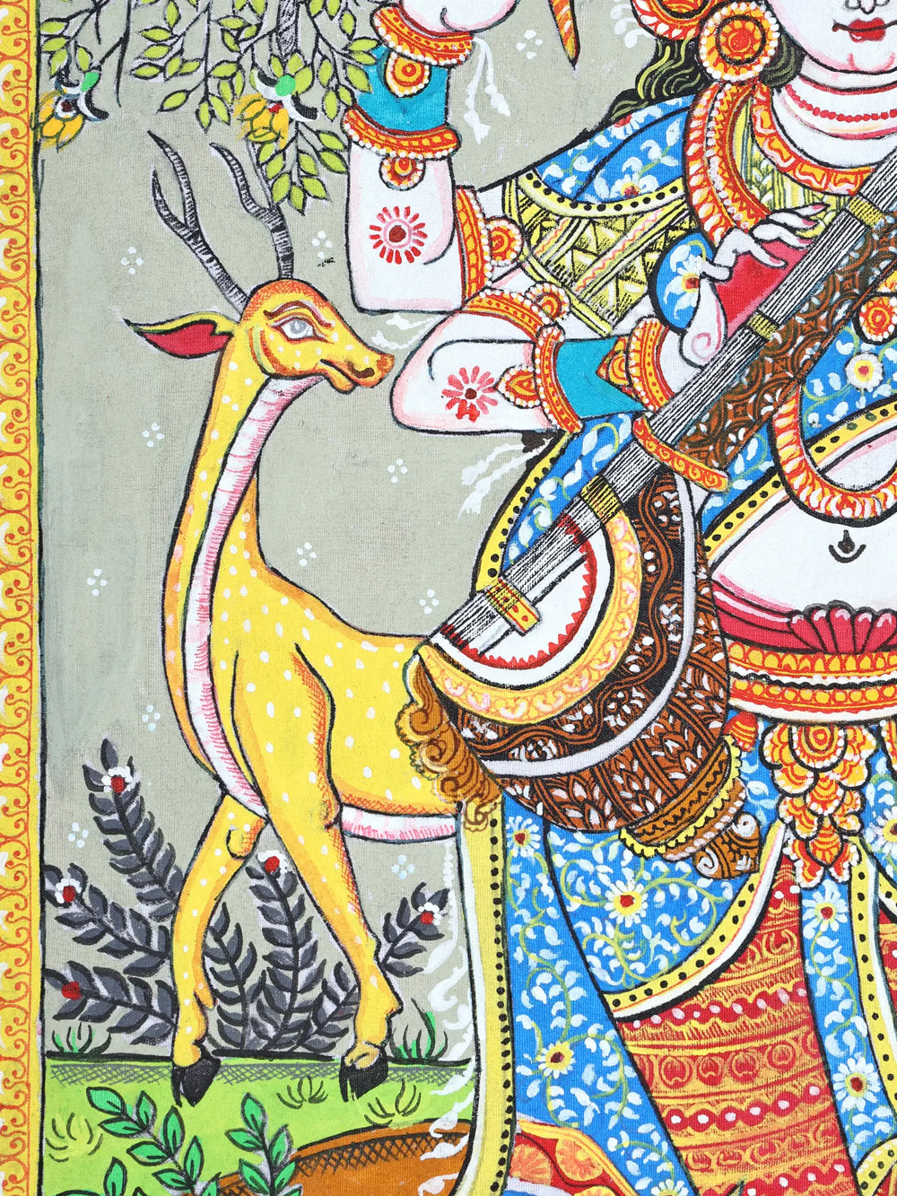 Goddess Saraswati Standing on Lotus and Playing Veena | Pattachitra Painting From Odisha