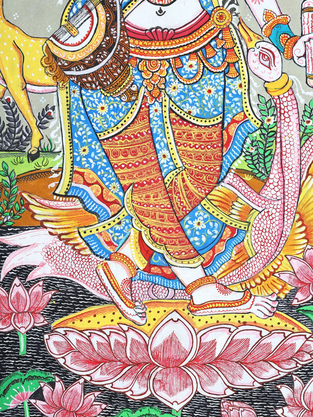 Goddess Saraswati Standing on Lotus and Playing Veena | Pattachitra Painting From Odisha