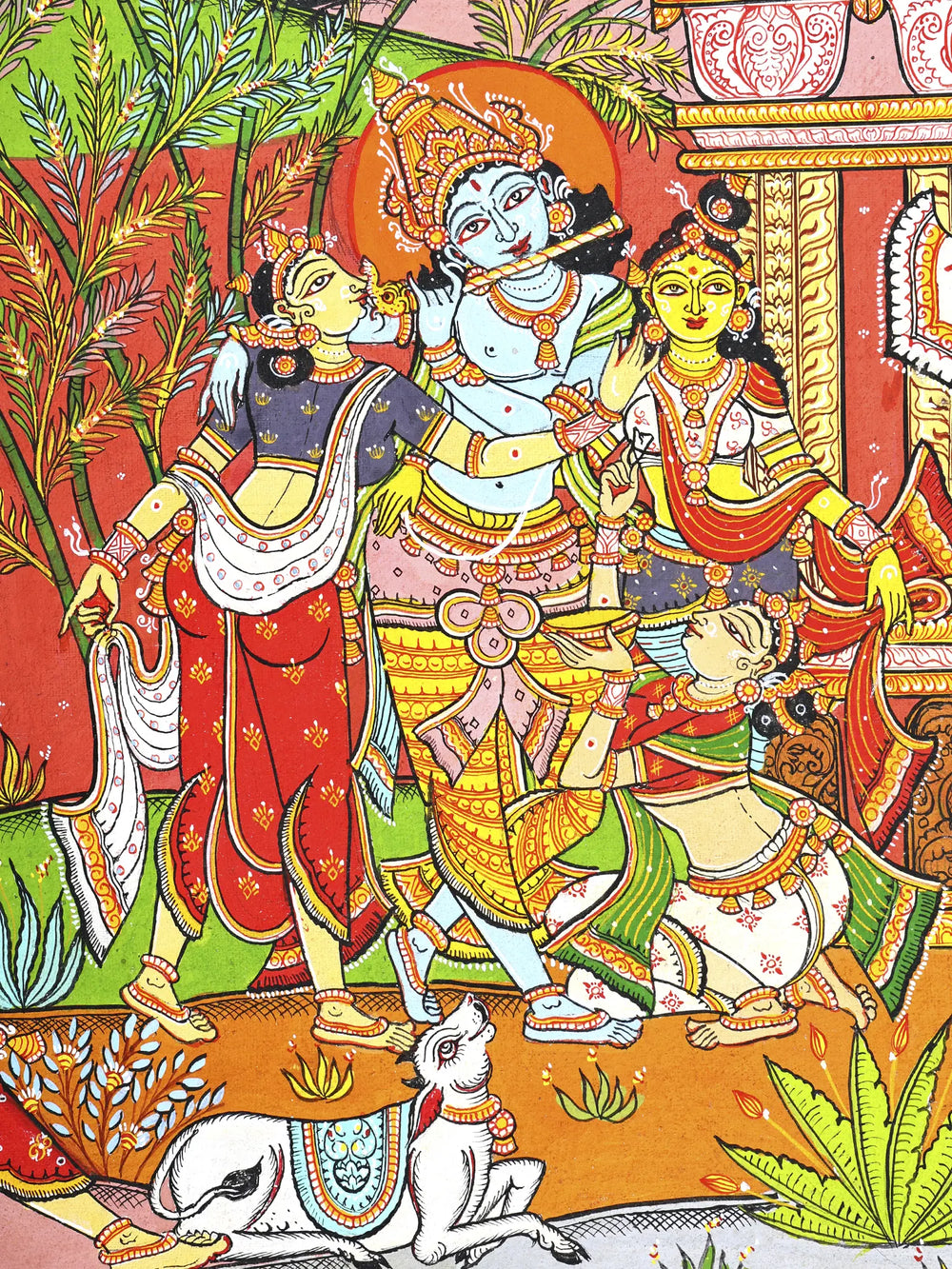 Lord Krishna with Gopikas - Celebration View of Vrindavan | Pattachitra Painting From Odisha