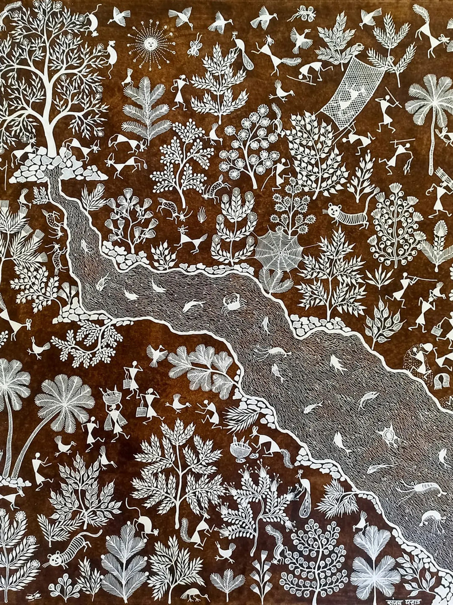 Wolves and Partridges Warli Painting on Cloth