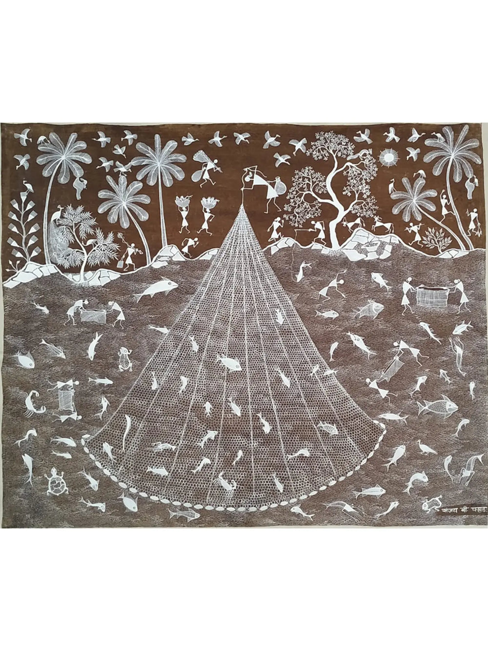Fishing Net And Fisherman Warli Painting | Natural Color On Cotton Cloth | By Sanjay Balakrishna Prasad
