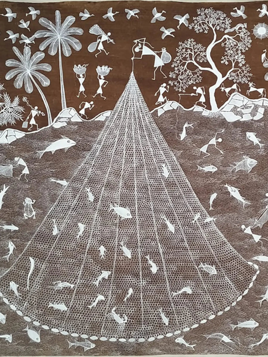 Fishing Net and Fisherman Warli Painting on Cloth
