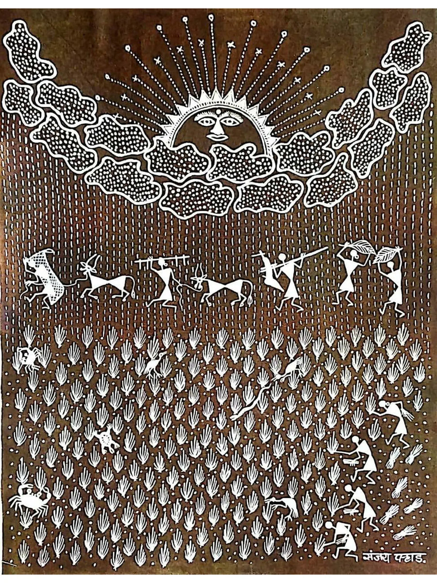 Rice Farming and Farmers Warli Painting on Cloth