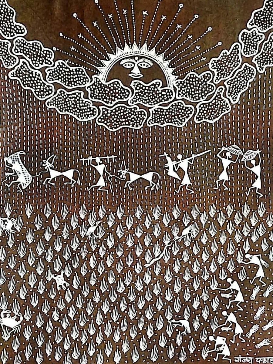 Rice Farming and Farmers Warli Painting on Cloth