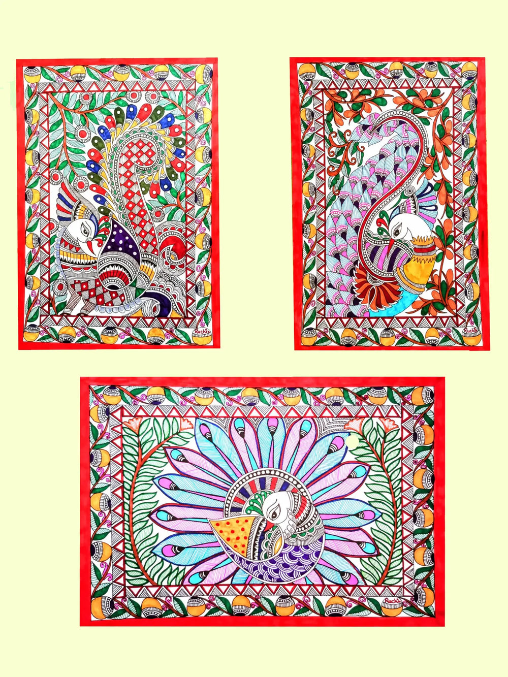 Set Of 3 Peacocks Madhubani Painting | Alcohol Markers And Fineliners On Paper | By Ruchi