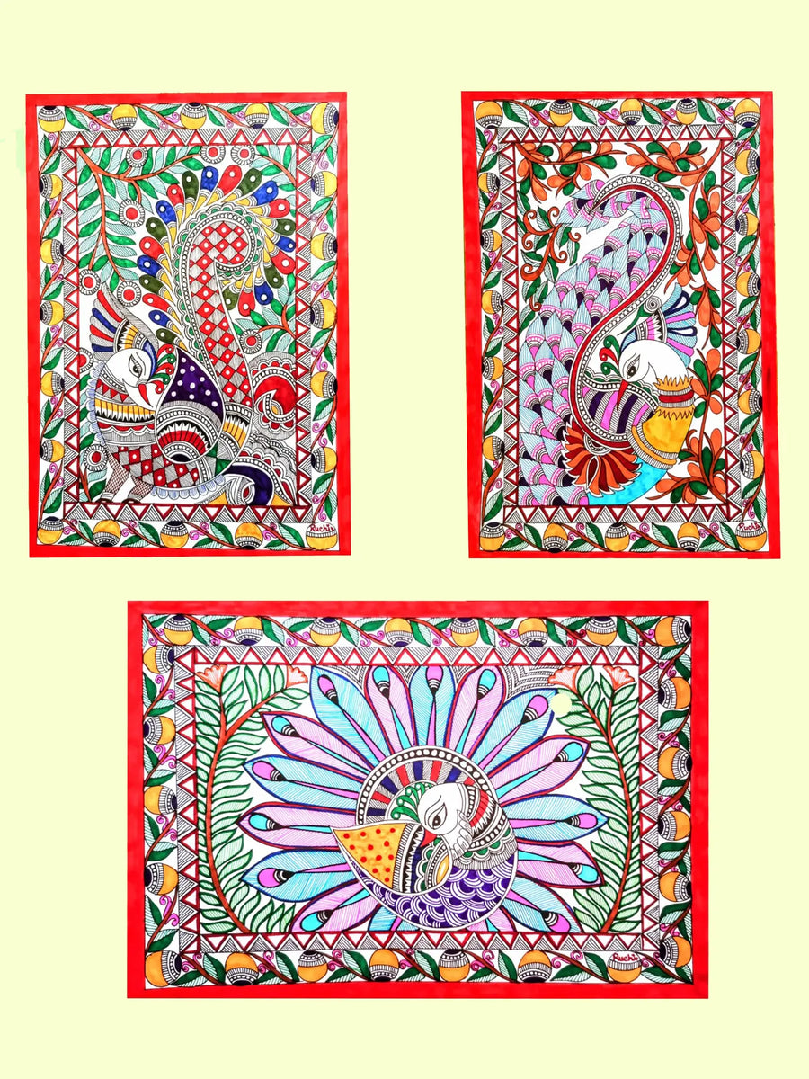 Set of 3 Peacocks Madhubani Painting on Paper