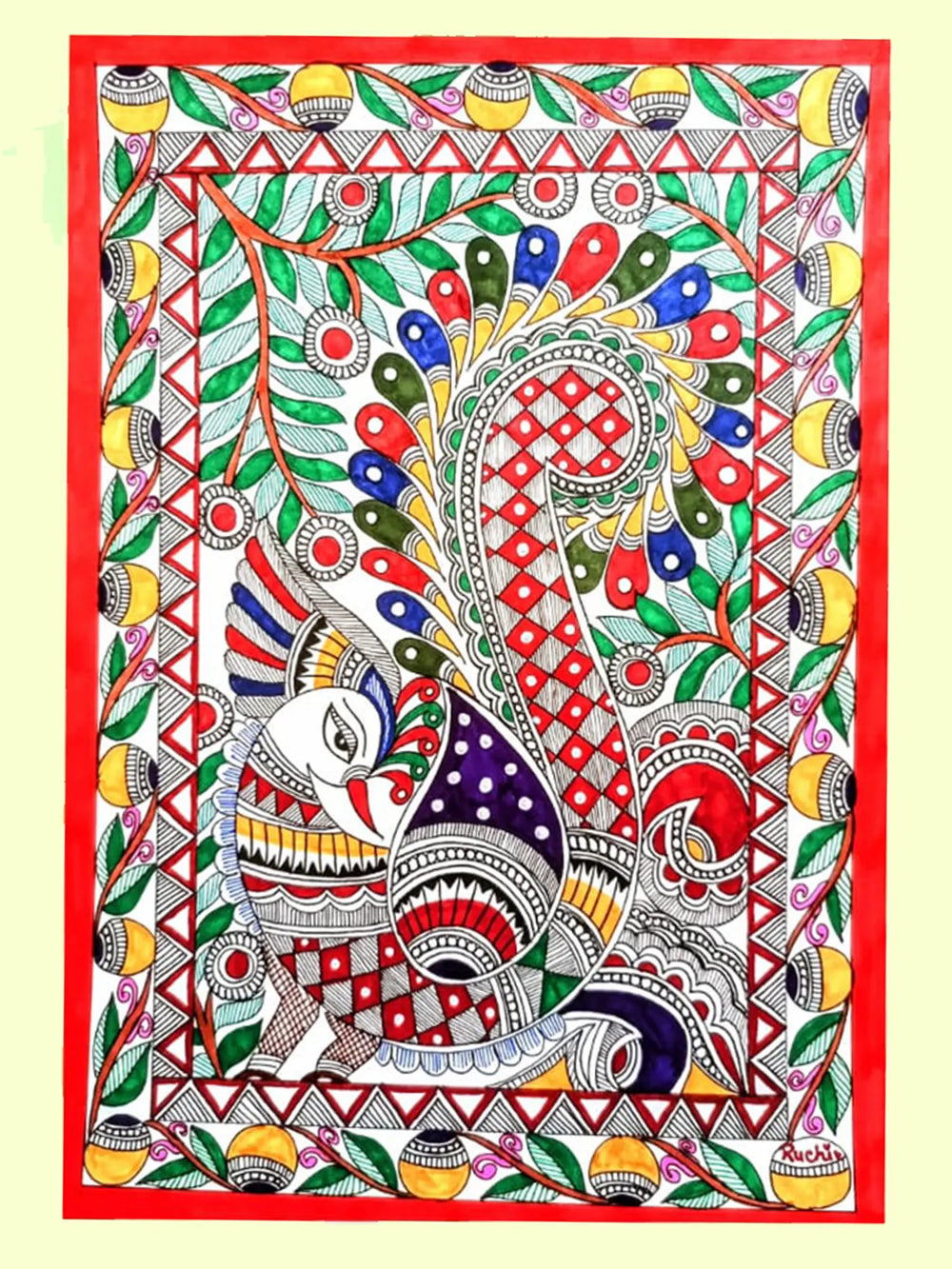 Set Of 3 Peacocks Madhubani Painting | Alcohol Markers And Fineliners On Paper | By Ruchi