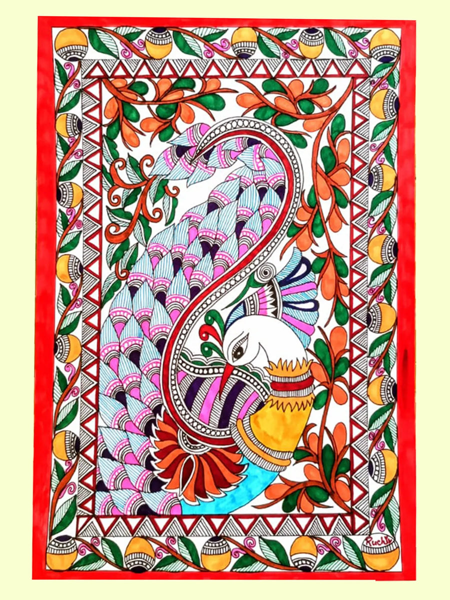 Set of 3 Peacocks Madhubani Painting on Paper