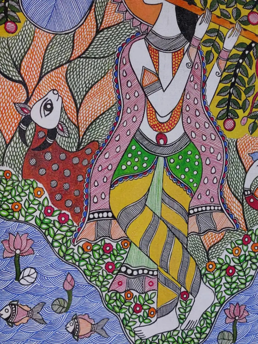 Krishna’s Melody in the Forest Madhubani Painting on Canvas