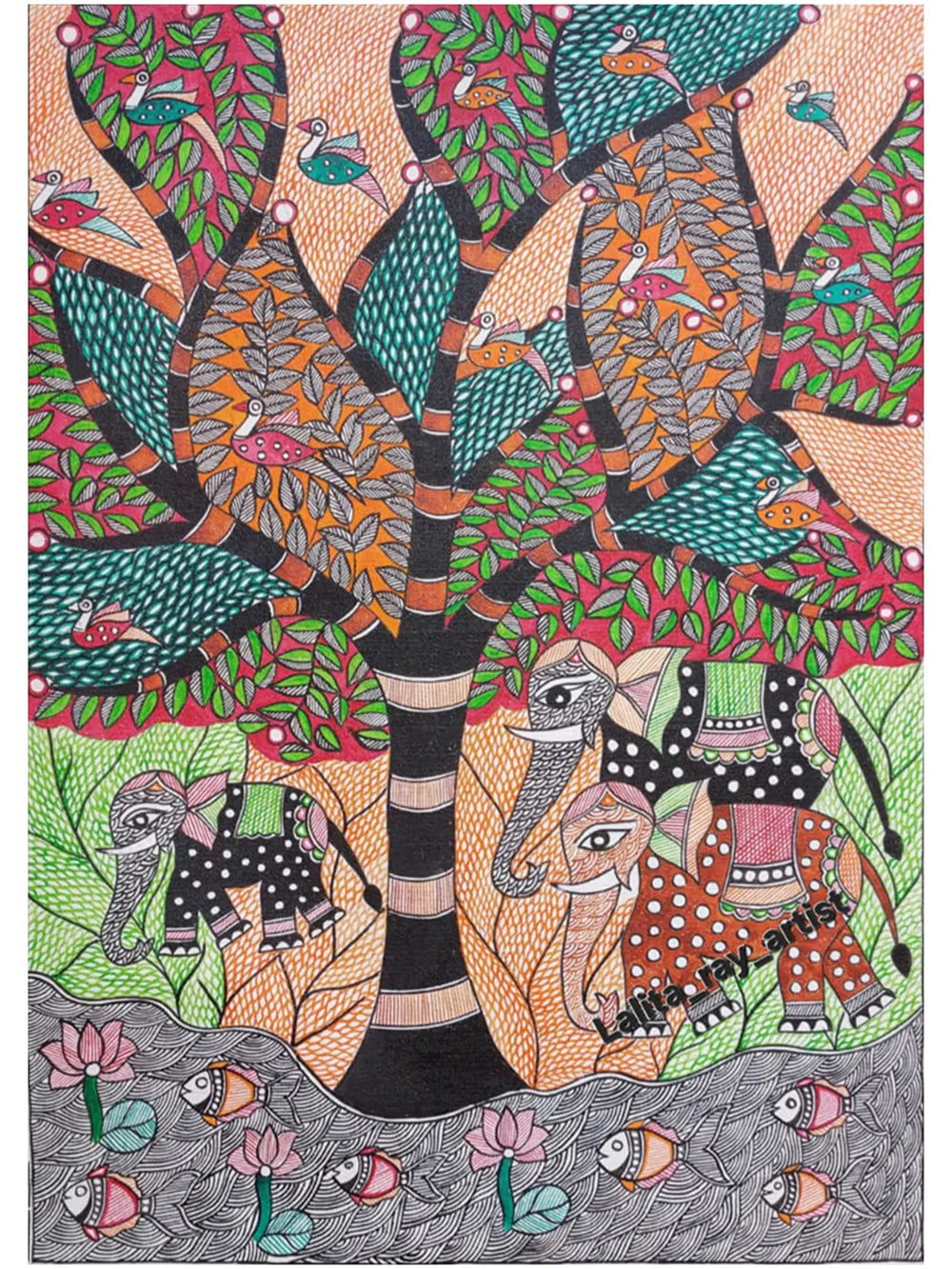 Folk Art Wildlife And Nature Madhubani Painting | Acrylic On Canvas | By Lalita Ray