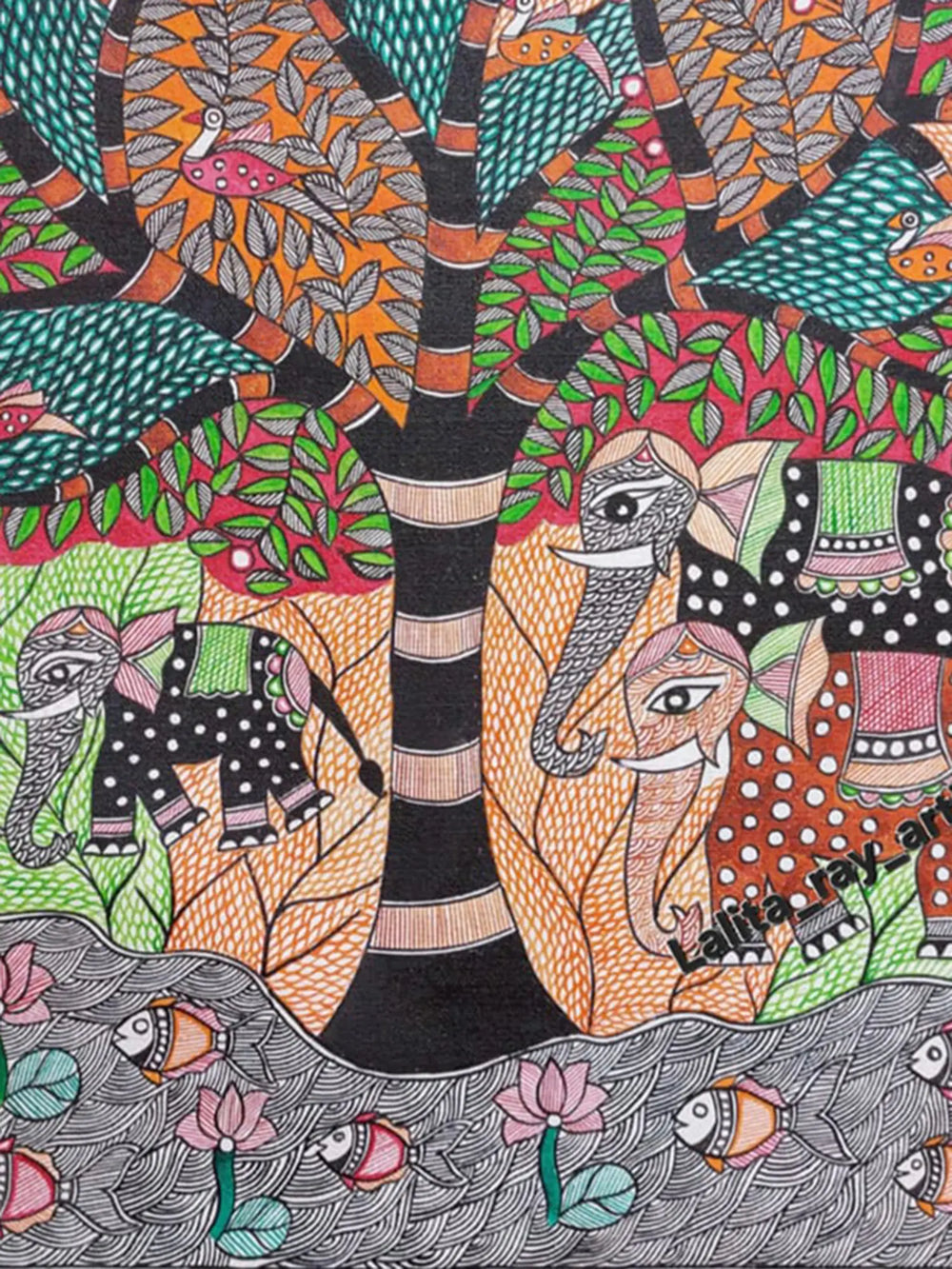 Folk Art Wildlife And Nature Madhubani Painting | Acrylic On Canvas | By Lalita Ray