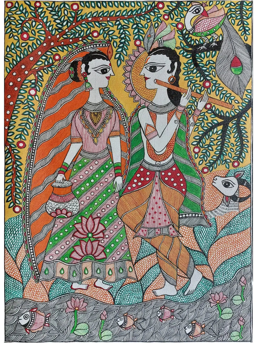 Radha Krishna with Cow Madhubani Painting on Canvas