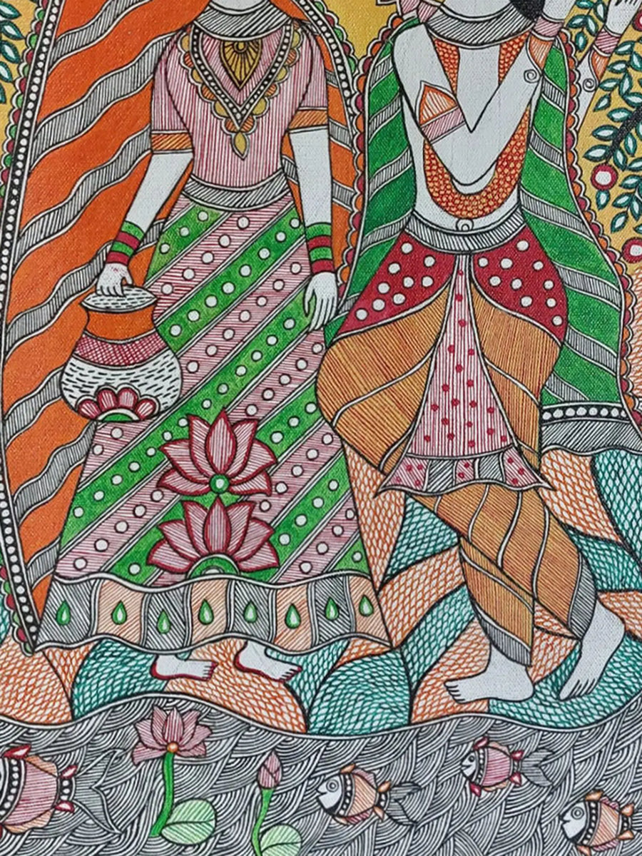 Radha Krishna with Cow Madhubani Painting on Canvas
