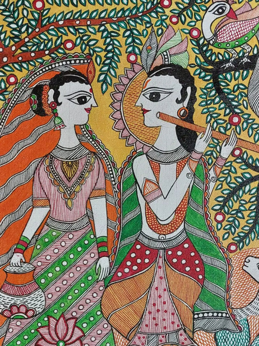 Radha Krishna with Cow Madhubani Painting on Canvas