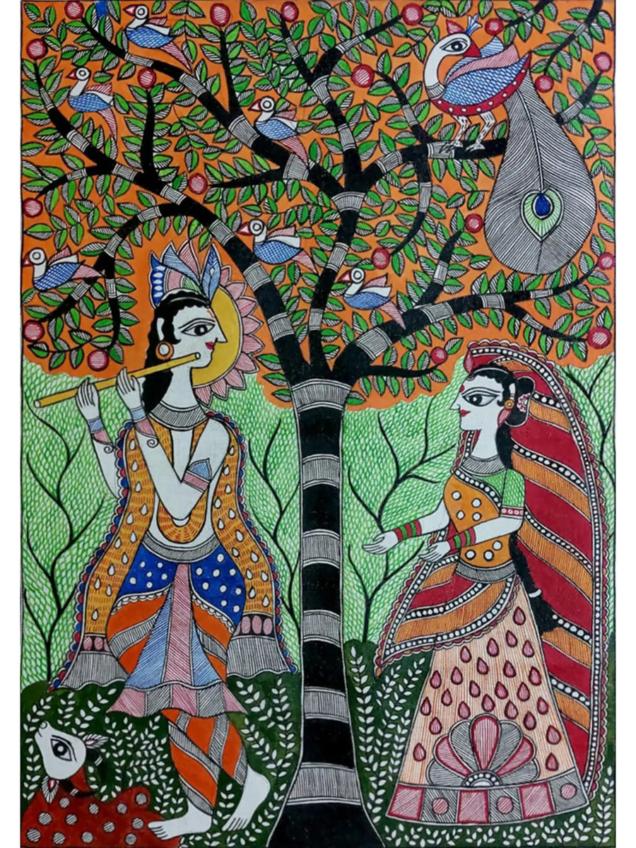 Radha Krishna under the Tree Madhubani Painting on Canvas
