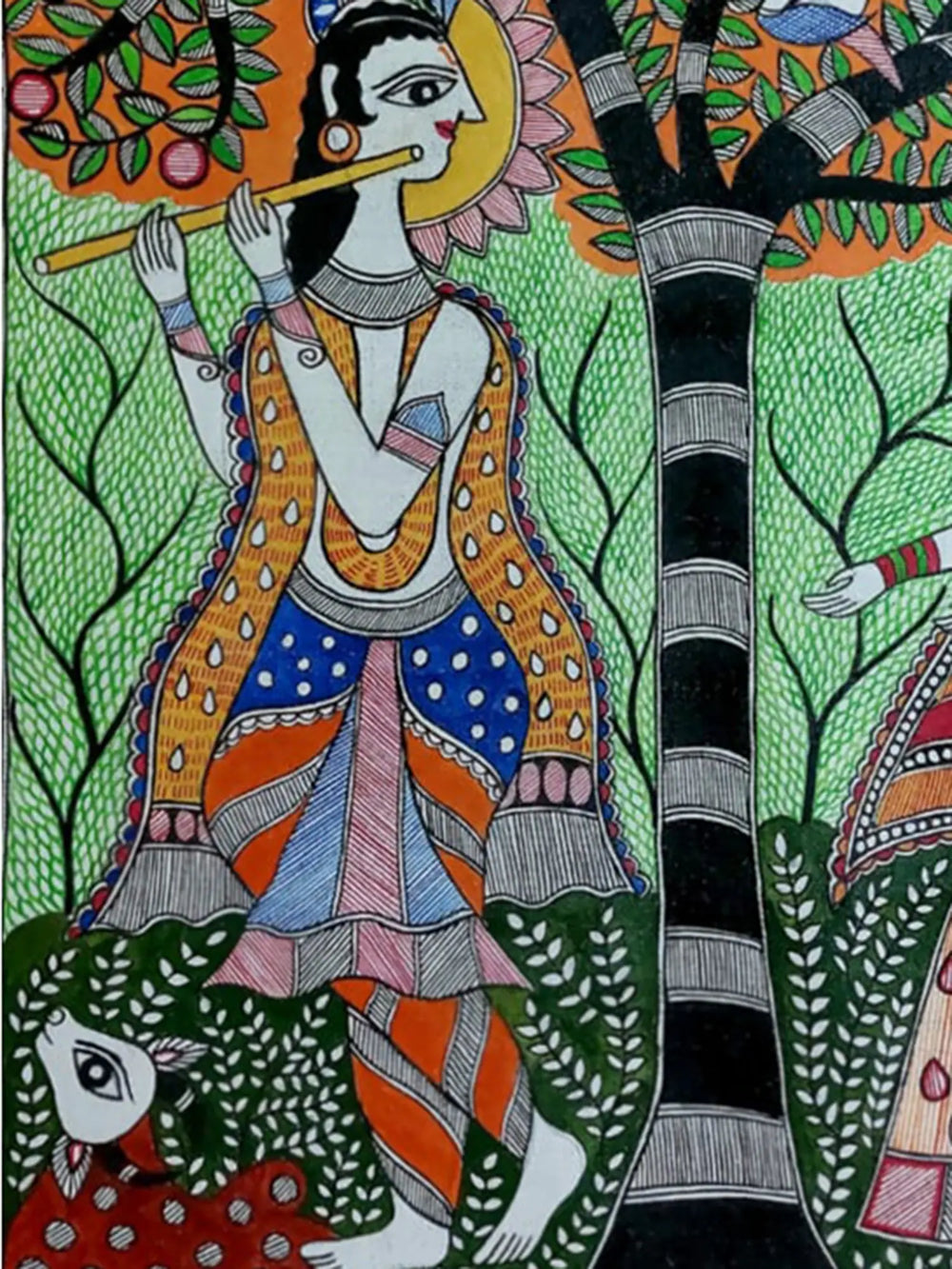 Radha Krishna Under The Tree Madhubani Painting | Acrylic On Canvas | By Lalita Ray