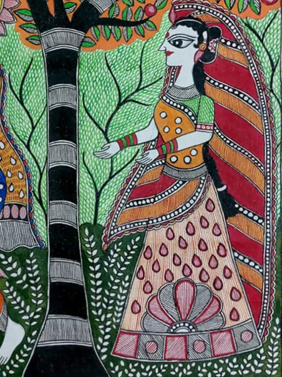 Radha Krishna under the Tree Madhubani Painting on Canvas