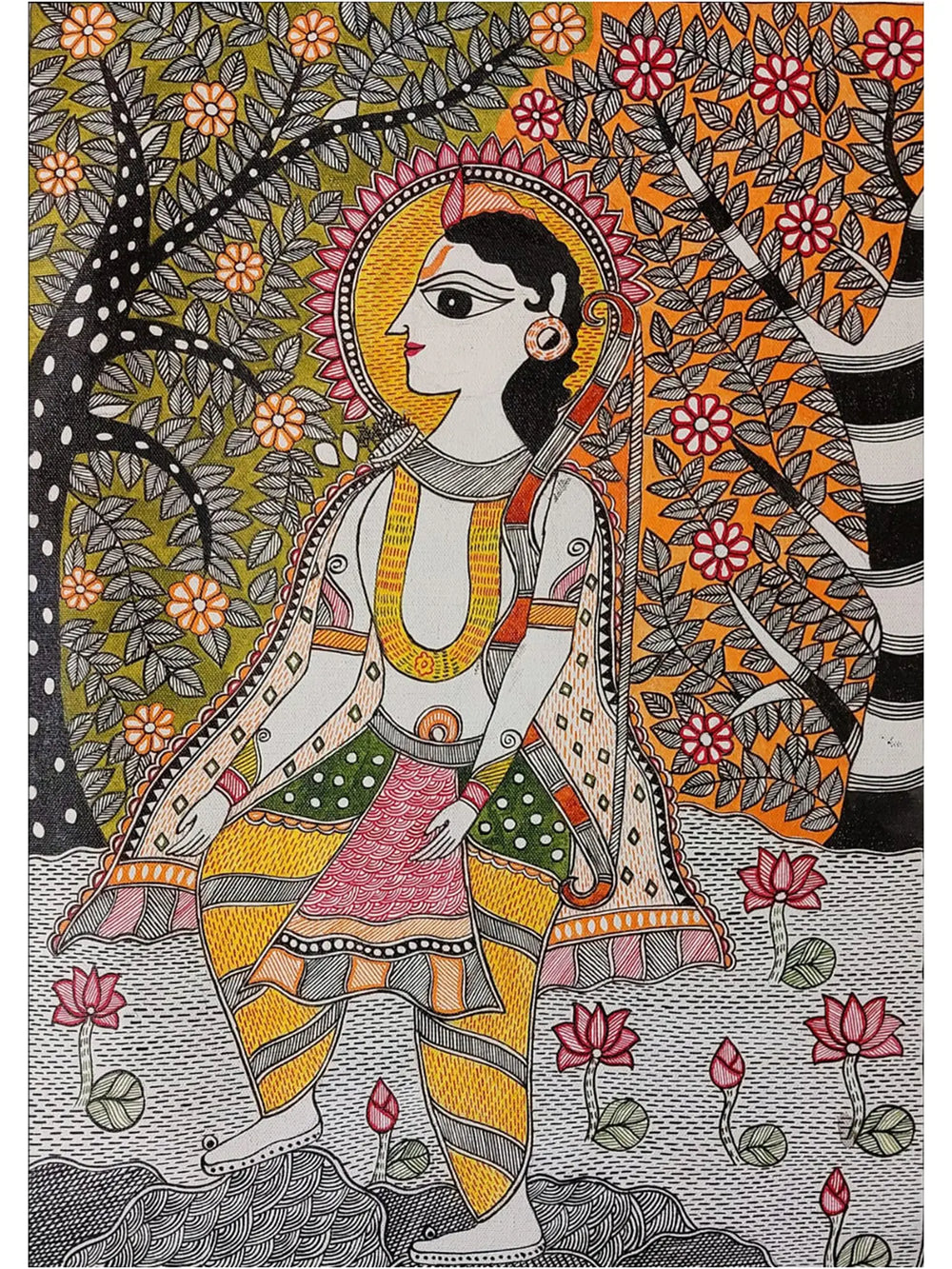 Madhubani Painting Of Lord Rama In Nature | Acrylic On Canvas | By Lalita Ray