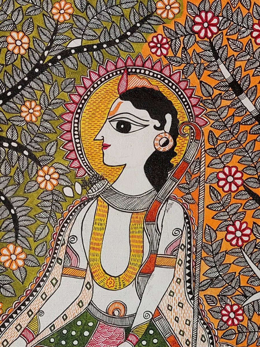 Lord Rama in Nature Madhubani Painting on Canvas