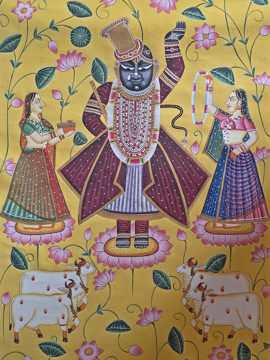 Shrinathji with Gopis and Cow Pichwai Painting on Cotton