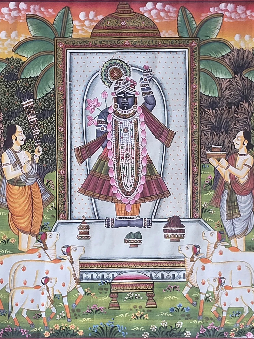 Devotees Worship Shrinathji | Watercolor On Cotton | Pichwai Art