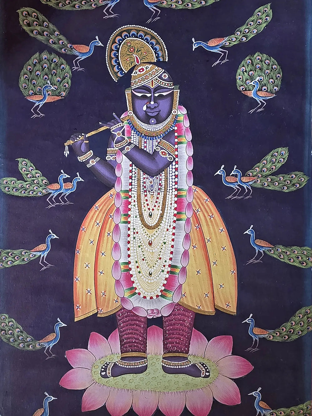 Lord Shrinathji Playing Flute | Pichwai Art | Watercolor On Cotton