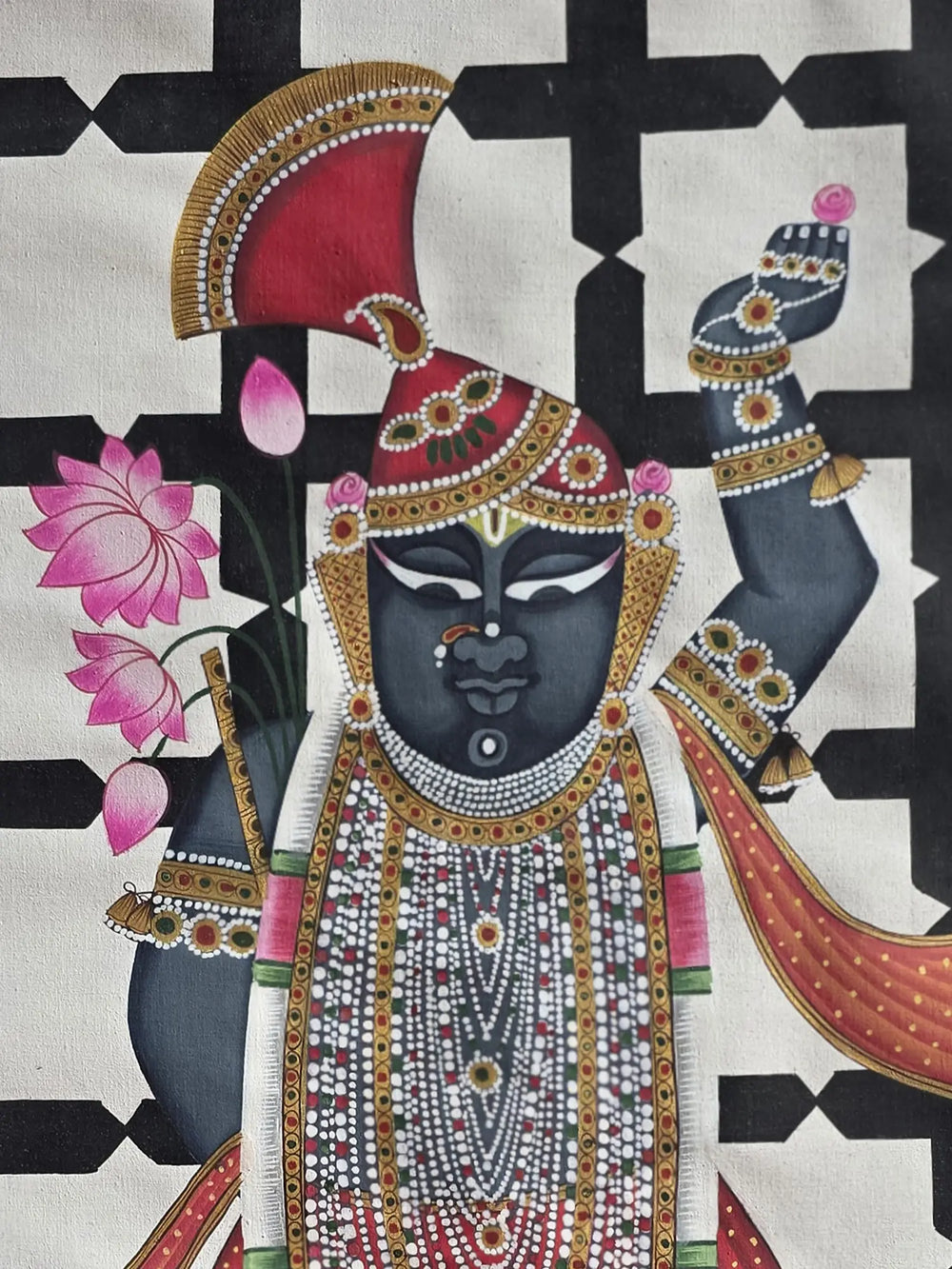 Lord Shrinathji With Lotus | Watercolor On Cotton | Pichwai Art