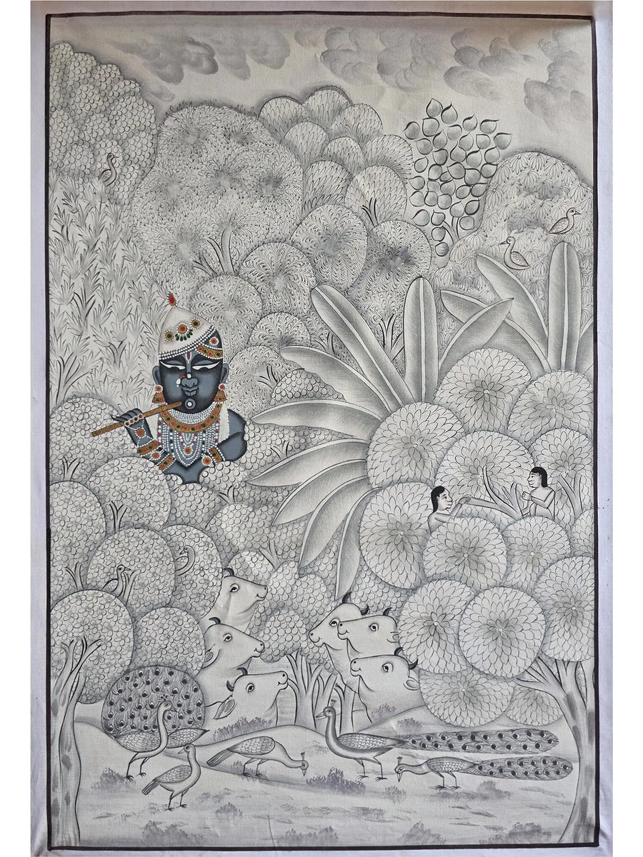 Shrinathji Holding Flute Pichwai Painting on Cotton