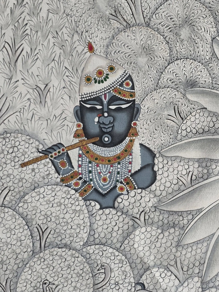 Shrinathji Holding Flute Pichwai Painting on Cotton