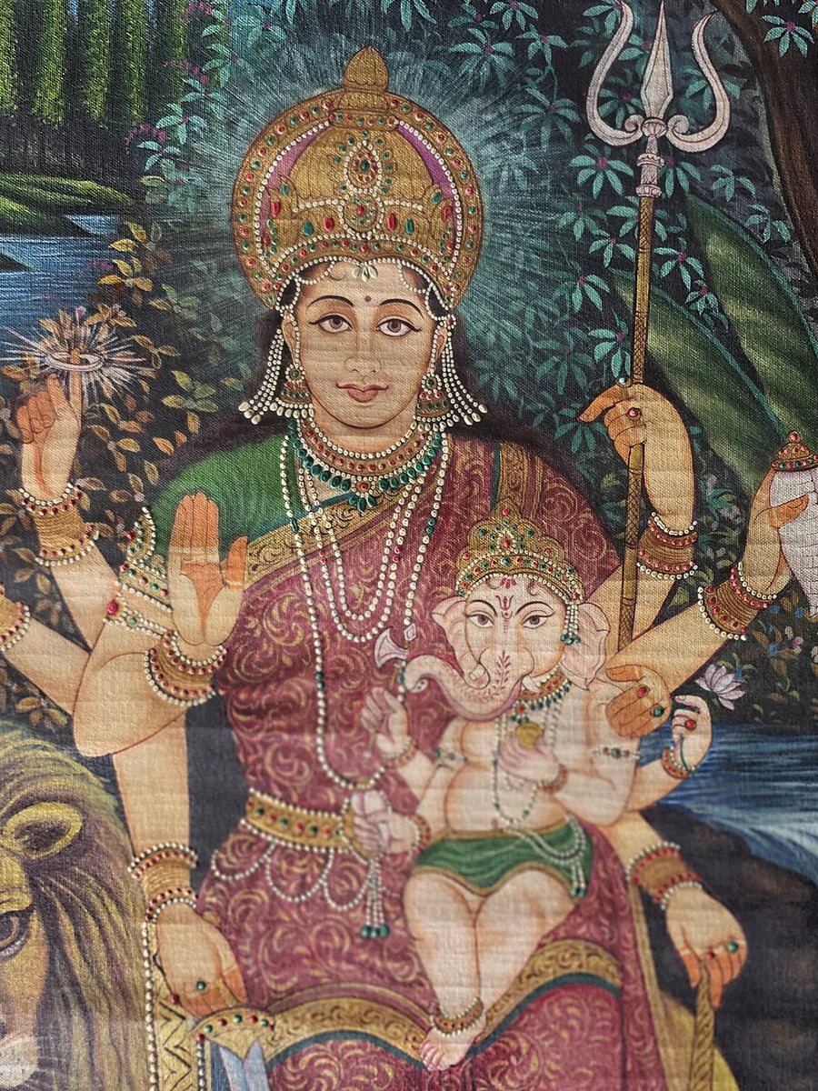 Goddess Parvati with Baby Ganesha Pichwai Painting on Cotton