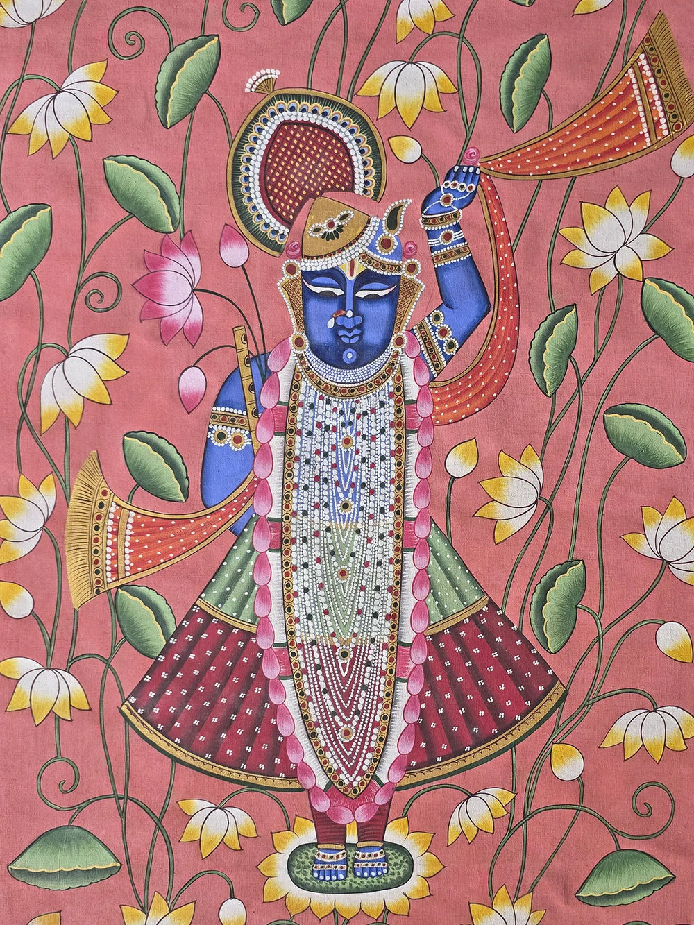 Standing Lord Shrinathji With Lotus | Pichwai Art | Watercolor On Cotton