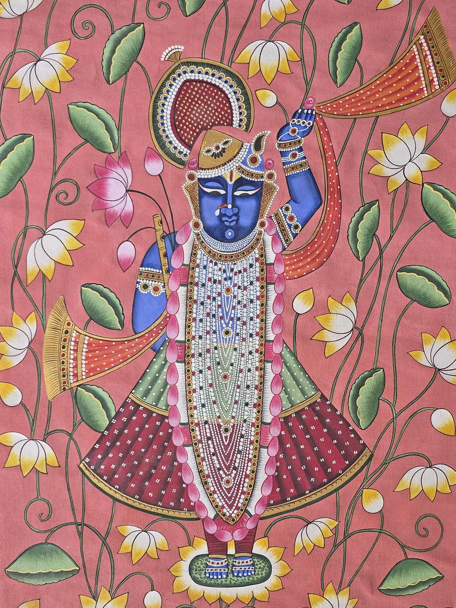 Standing Lord Shrinathji with Lotus Pichwai Painting on Cotton