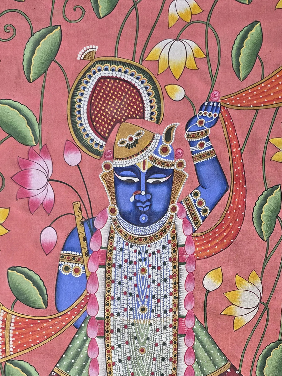 Standing Lord Shrinathji with Lotus Pichwai Painting on Cotton