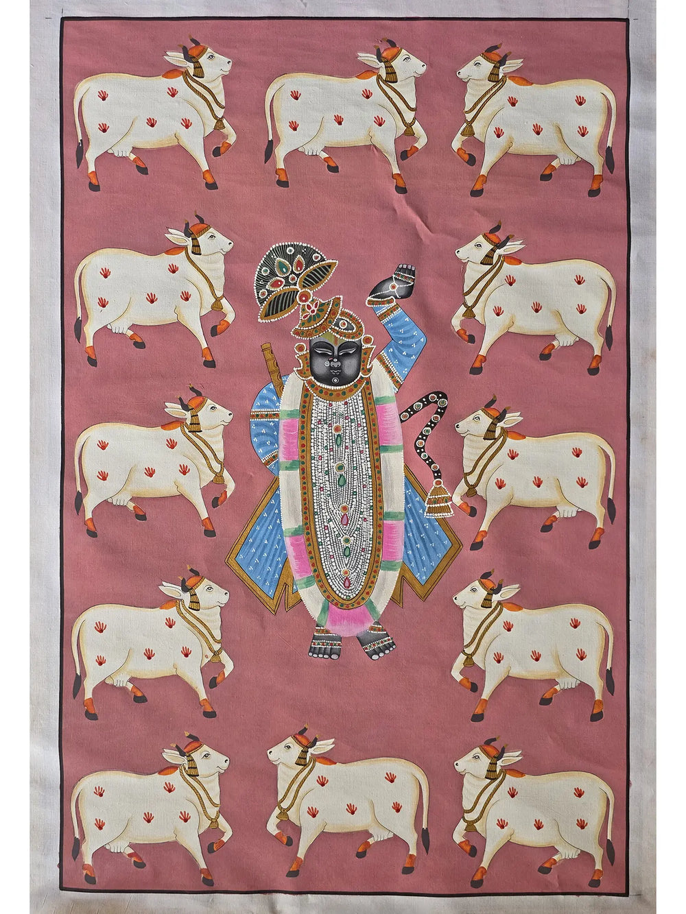 Pichwai Painting Of Lord Shrinathji With Cow | Pichwai Art | Watercolor On Cotton