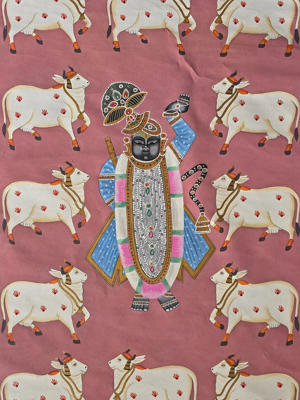 Pichwai Painting Of Lord Shrinathji With Cow | Pichwai Art | Watercolor On Cotton