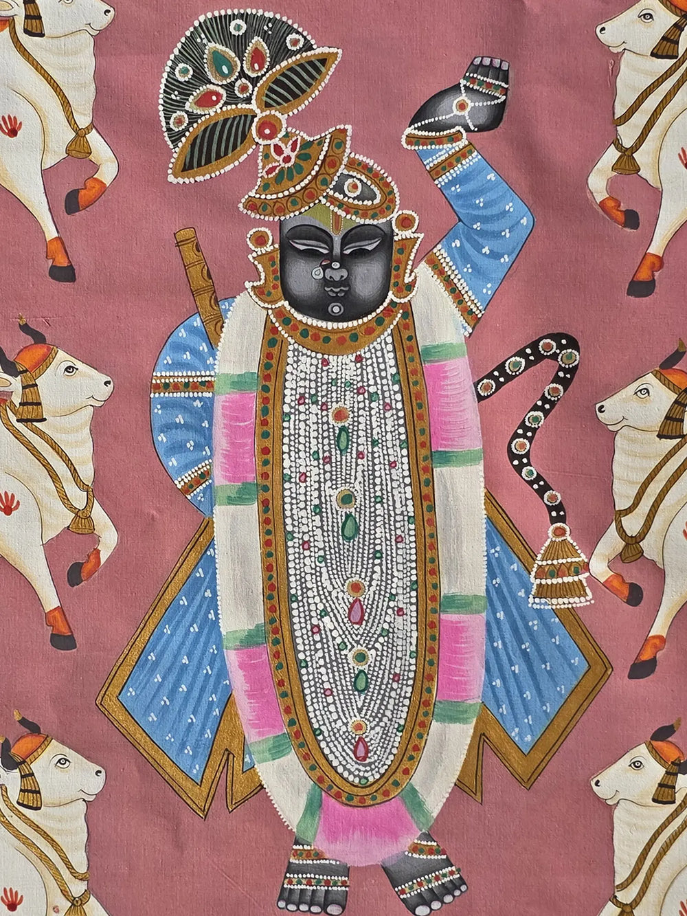 Pichwai Painting Of Lord Shrinathji With Cow | Pichwai Art | Watercolor On Cotton
