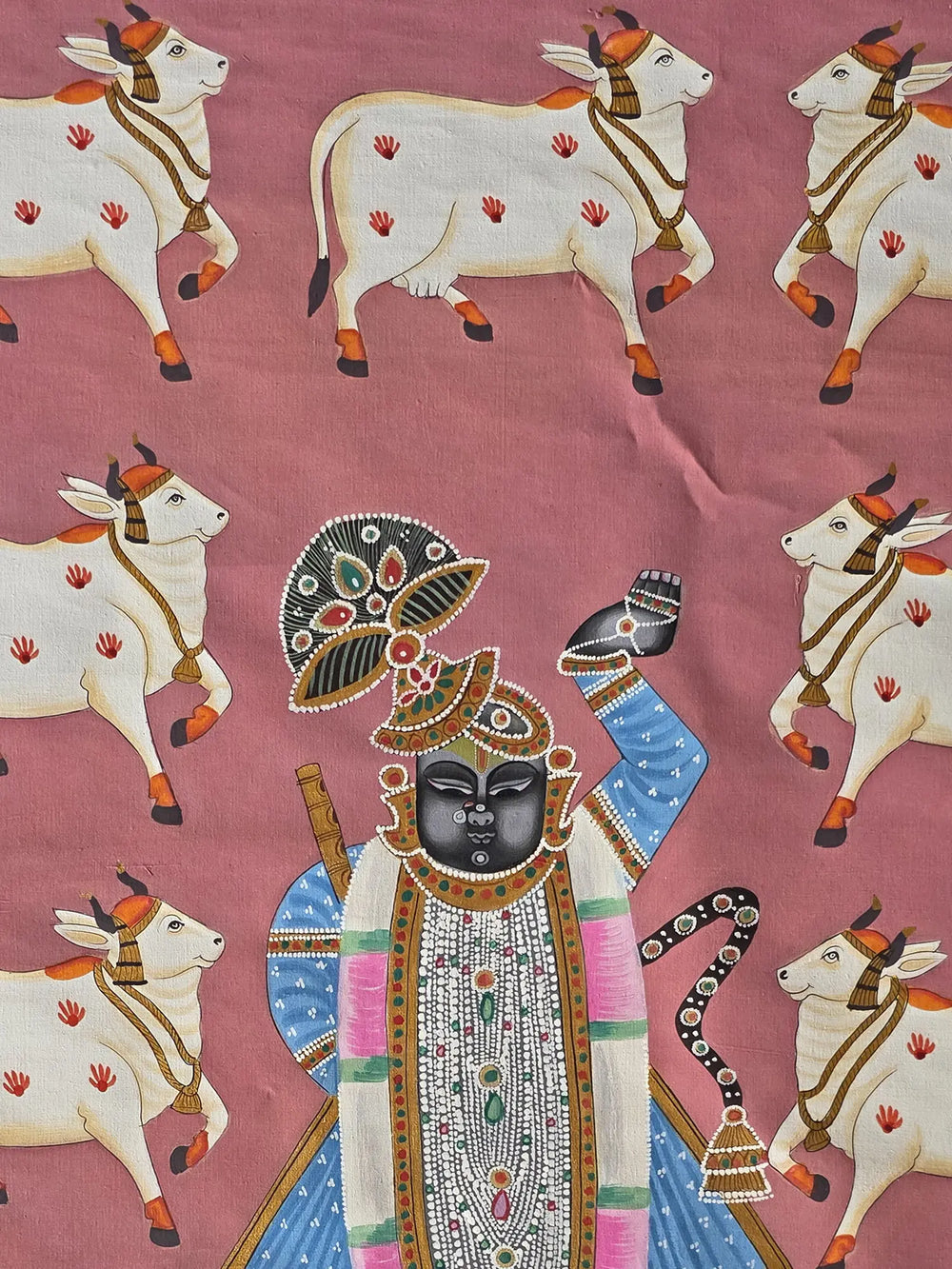 Pichwai Painting Of Lord Shrinathji With Cow | Pichwai Art | Watercolor On Cotton