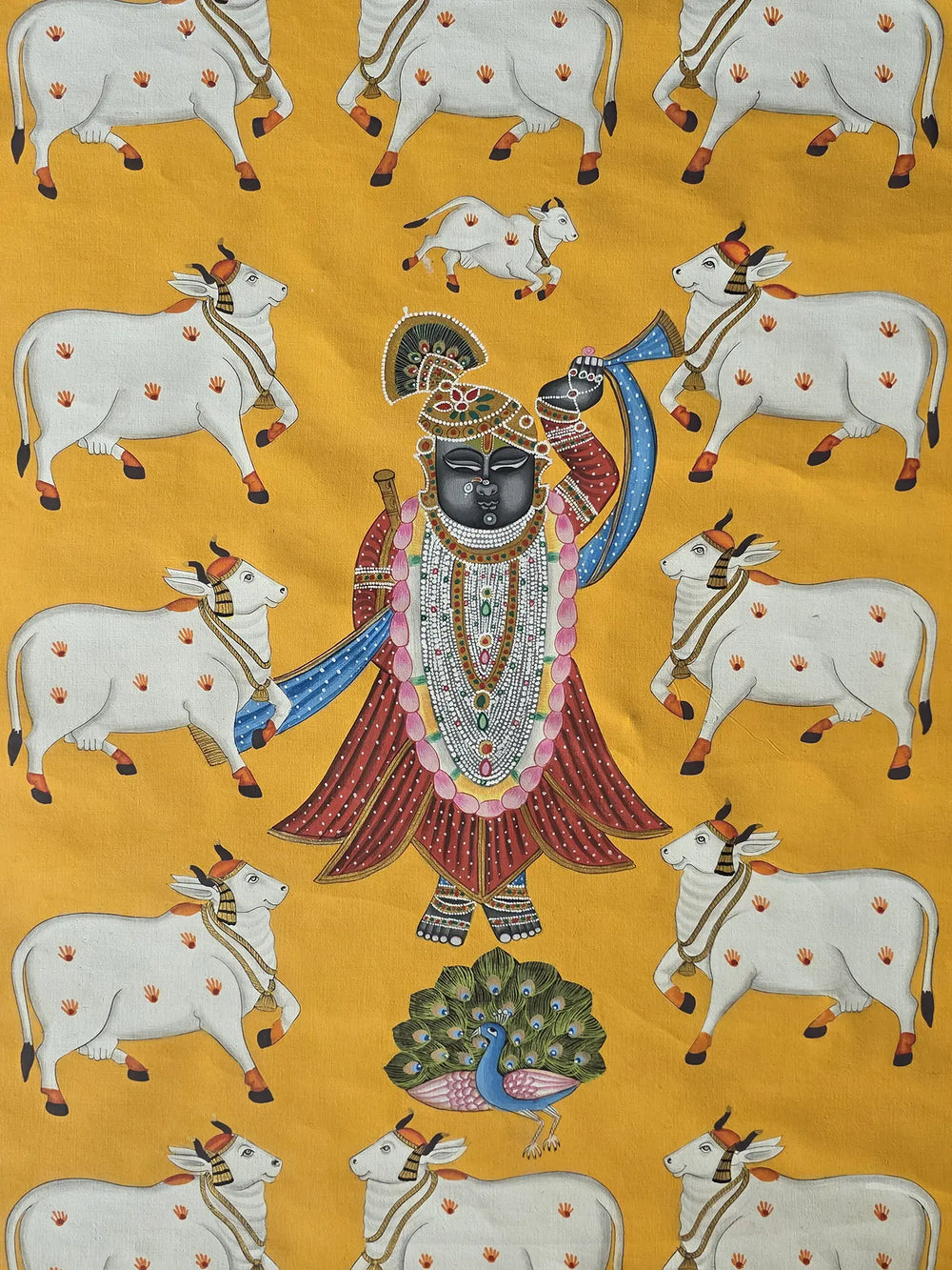 Lord Shrinathji With Cow | Pichwai Art | Watercolor On Cotton