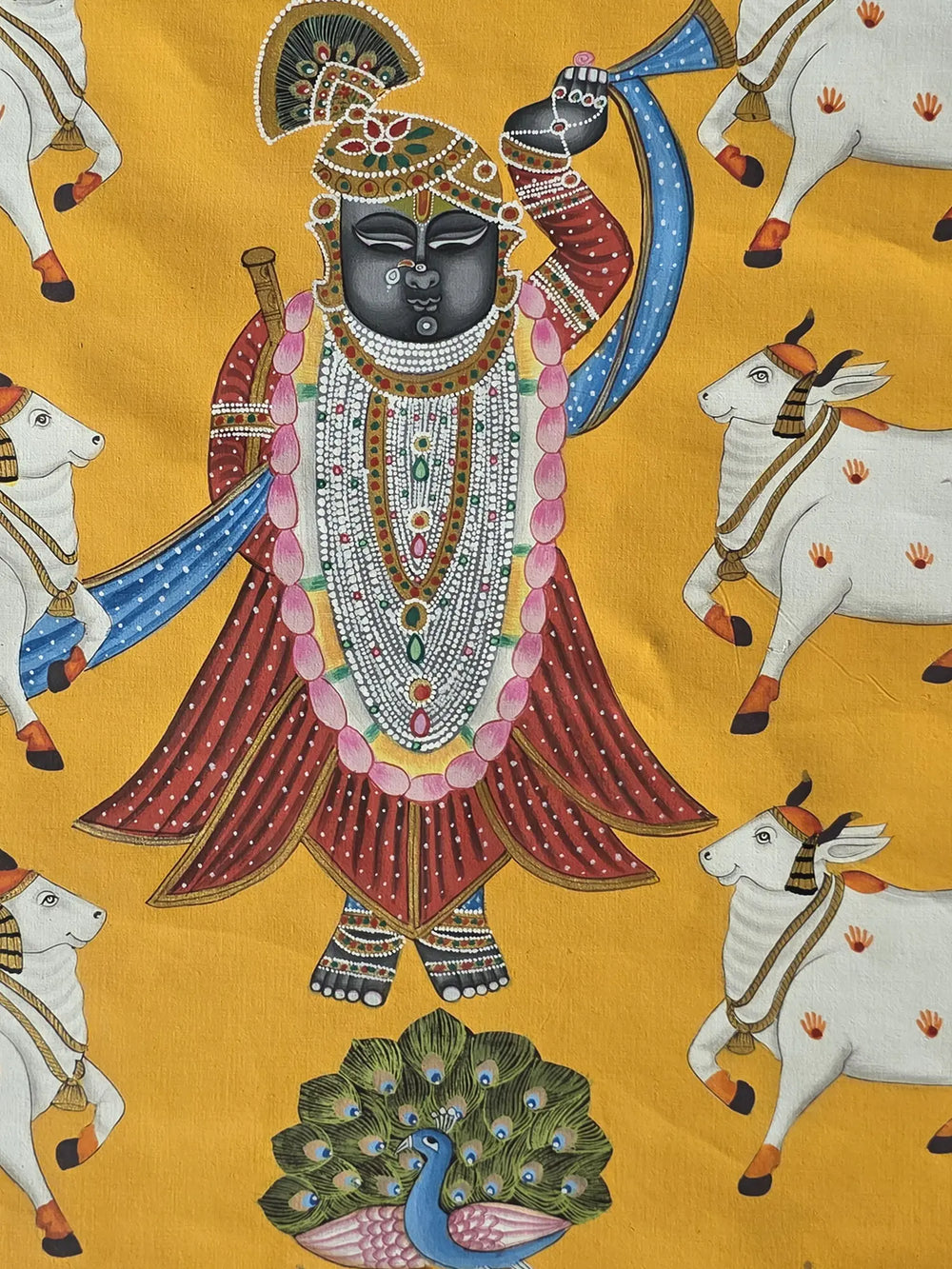 Lord Shrinathji With Cow | Pichwai Art | Watercolor On Cotton