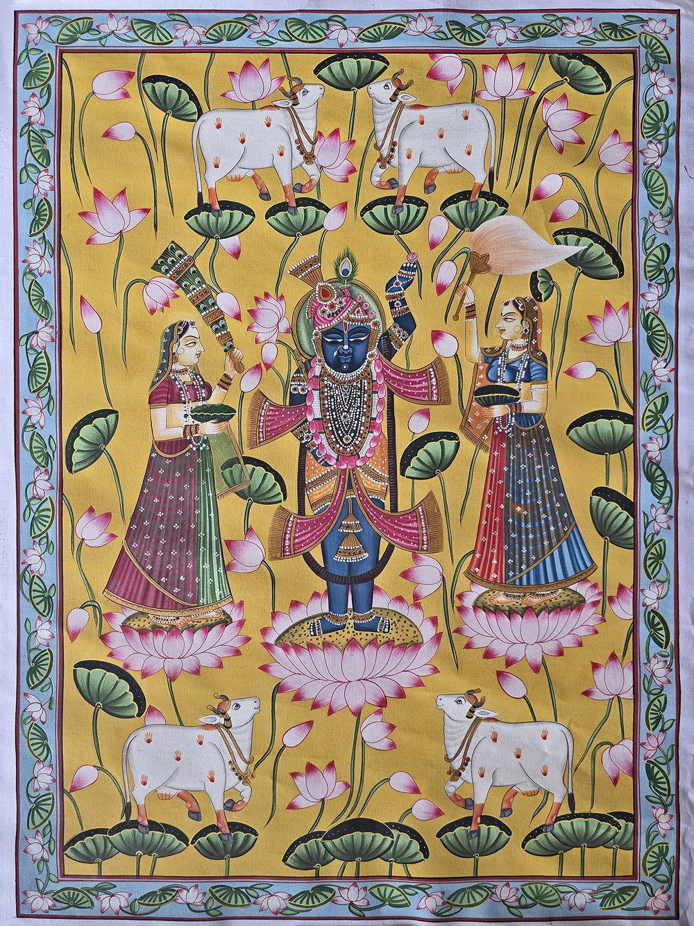 Worship Of Lord Shrinathji | Watercolor On Cotton | Pichwai Art
